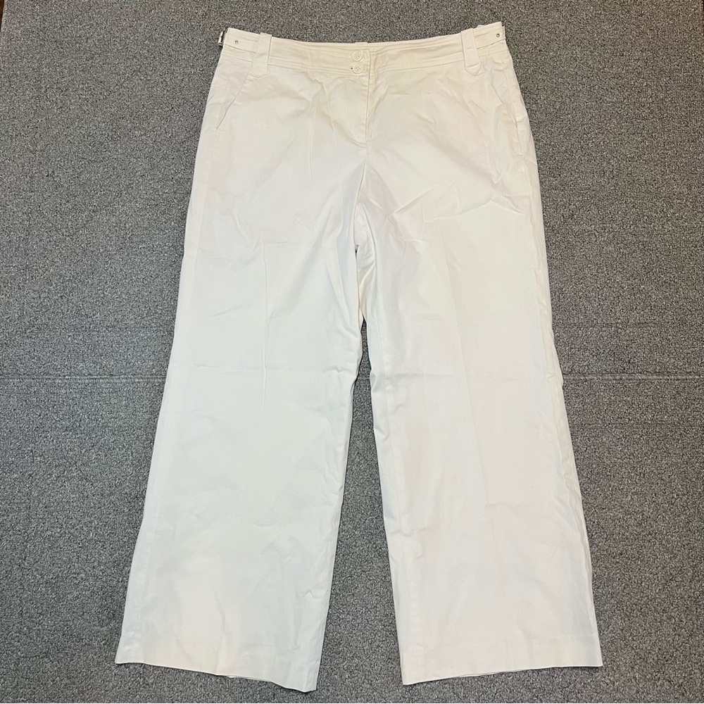 LOFT Julie Wide Leg Pants Womens Size 14 White Adjustable Belted Waist Lined